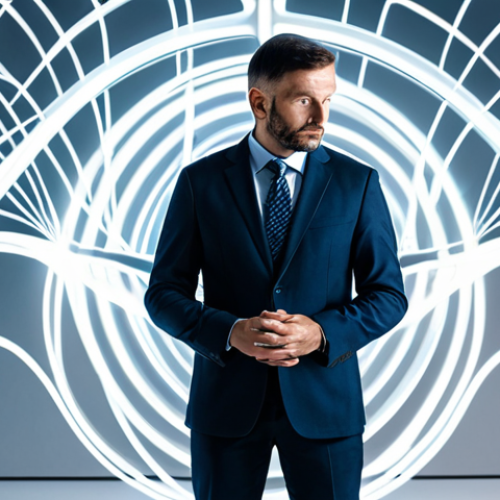 Home 6 A professional individual in a thoughtful, contemplative pose, standing in a bright, modern, minimalist studio. They are dressed in smart, professional business attire, fully clothed. The background features abstract, interconnected glowing lines and subtle, translucent geometric forms, symbolizing expanding mental maps, innovative ideas, and the breaking of conventional thought patterns. The overall atmosphere is calm and intellectually stimulating. Professional photography, high resolution, sharp focus, perfect anatomy, correct proportions, natural pose, well-formed hands, proper finger count, natural body proportions, safe for work, appropriate content, fully clothed, professional.