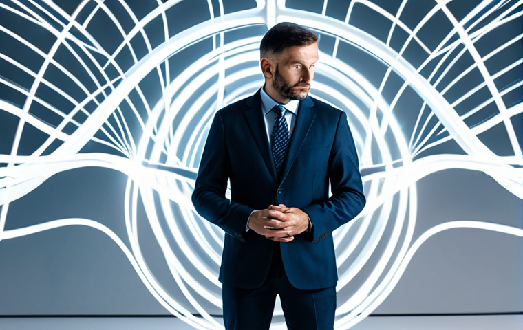 A professional individual in a thoughtful, contemplative pose, standing in a bright, modern, minimalist studio. They are dressed in smart, professional business attire, fully clothed. The background features abstract, interconnected glowing lines and subtle, translucent geometric forms, symbolizing expanding mental maps, innovative ideas, and the breaking of conventional thought patterns. The overall atmosphere is calm and intellectually stimulating. Professional photography, high resolution, sharp focus, perfect anatomy, correct proportions, natural pose, well-formed hands, proper finger count, natural body proportions, safe for work, appropriate content, fully clothed, professional.