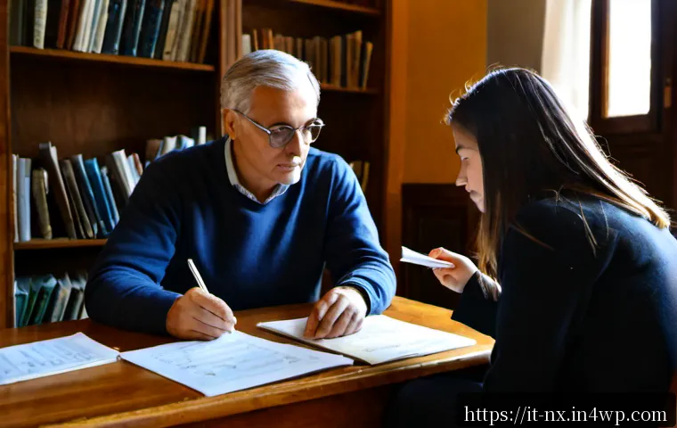 Home 11 비판적 사고력 향상을 위한 멘토십 - Photorealistic mentorship session in a quiet Italian university library, an experienced middle-aged ...
